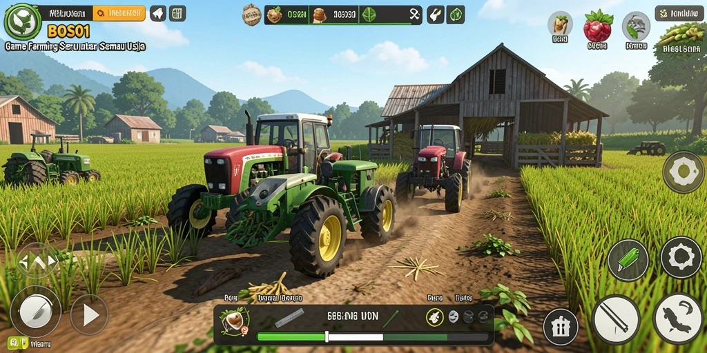 Tampilan gameplay BOS01 yang menarik menunjukkan aktivitas bertani yang seru.