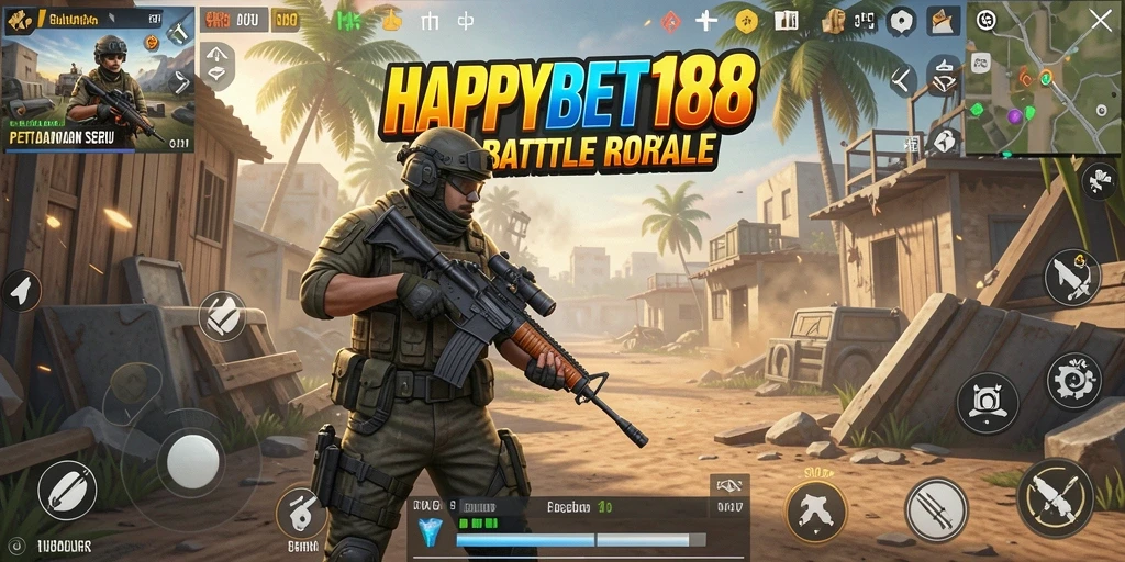 Screenshot utama <strong>HAPPYBET188</strong> menunjukkan gameplay seru Battle Royale.