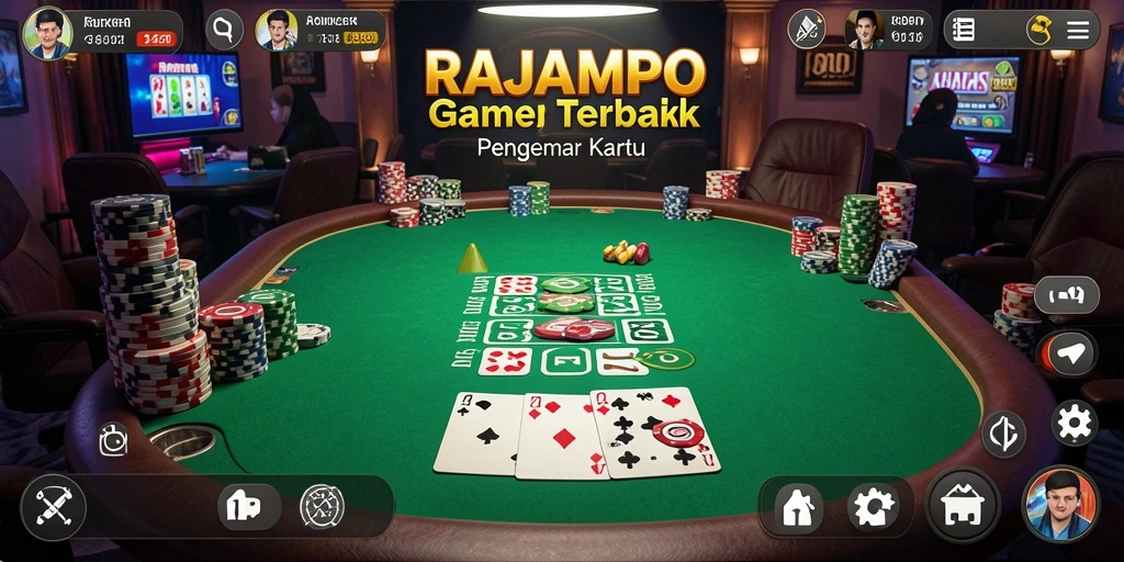 Tampilan screenshot utama RAJAMPO menampilkan gameplay Poker yang seru dan interaktif.