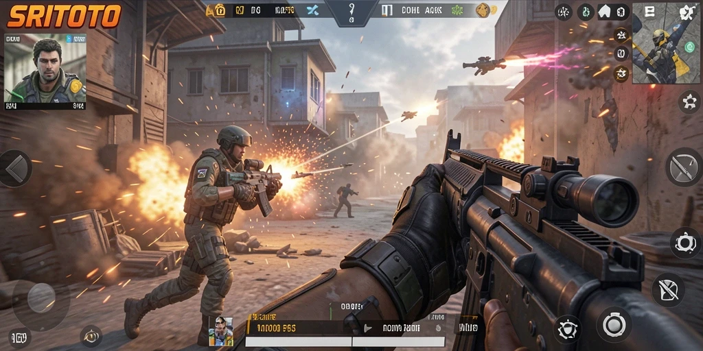 Screenshot gameplay SRITOTO yang menampilkan aksi menegangkan dalam pertempuran FPS.