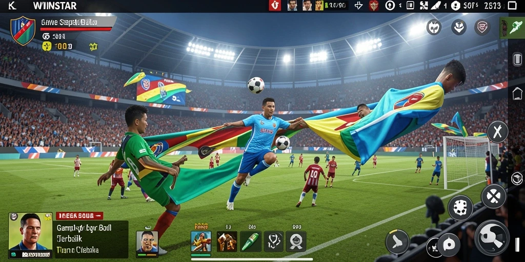 Tampilan seru dari gameplay WINSTAR yang menampilkan aksi sepak bola.